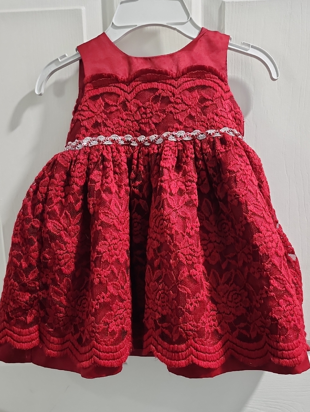 Girls' Red Lace Party Dress with Rhinestone Waist